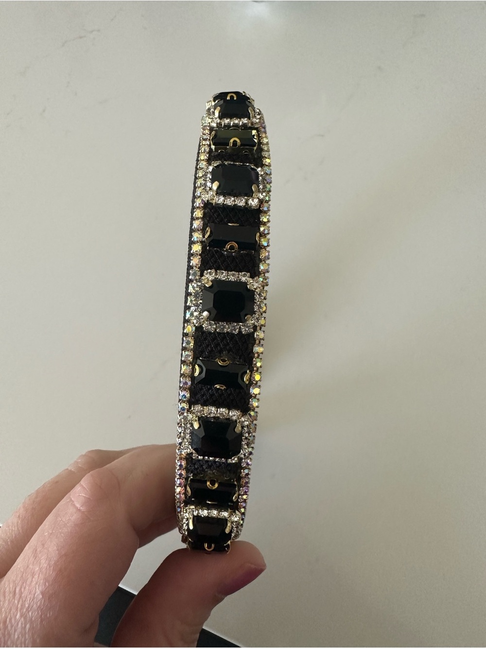 Crystal-Embellished Black Bracelet with Clear Rhinestones
